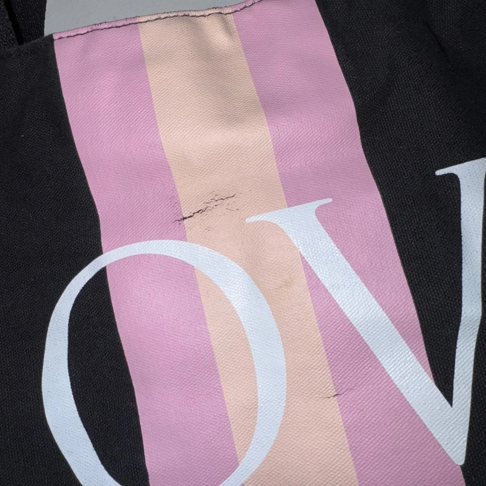 Victoria's Secret LOVE Weekender Tote Bag Black Pink Stripe Travel Gym Duffel